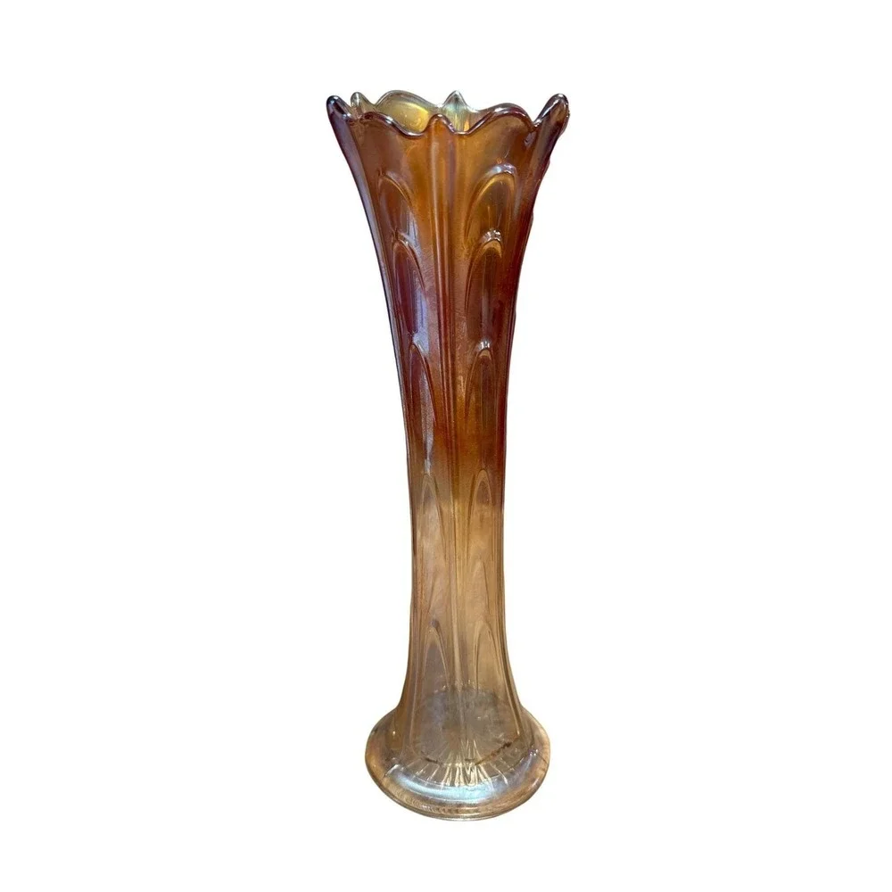 Vintage Amber Carnival Glass Trumpet Vase Iridescent Tall Floral